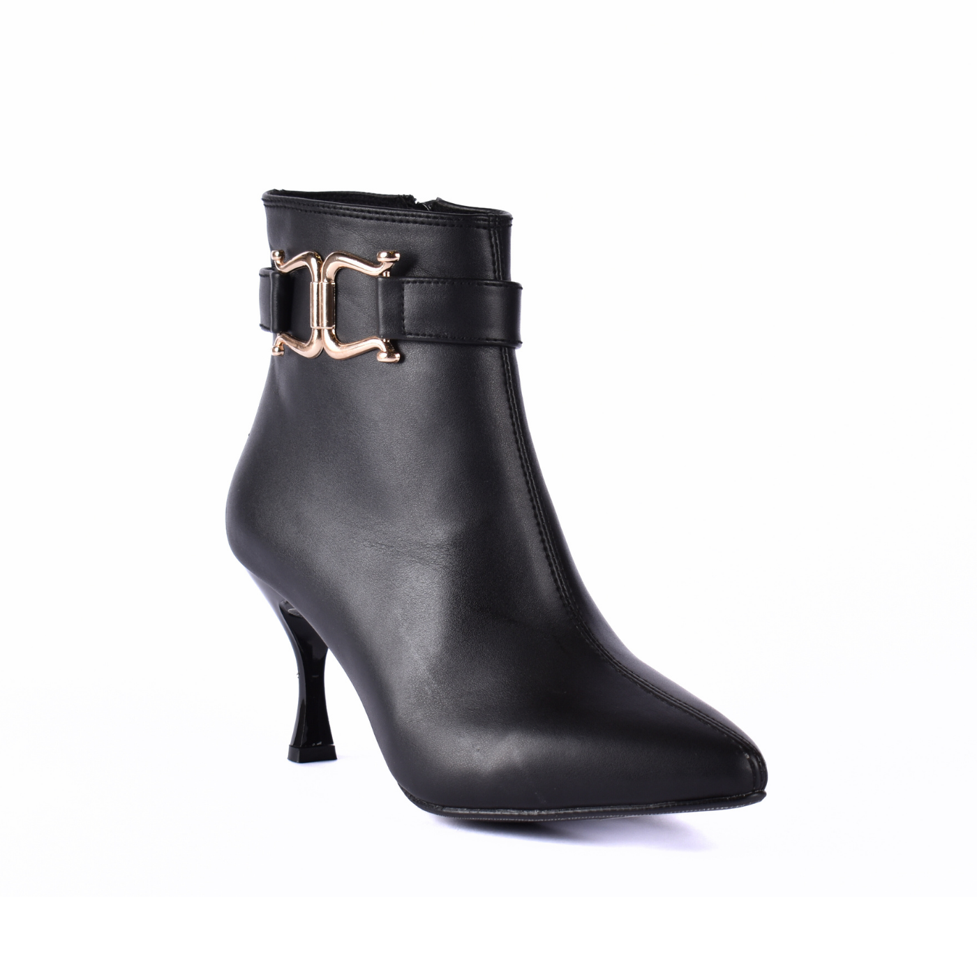 Pointed Heel Leather Ankle Boots With Details Black Melouk