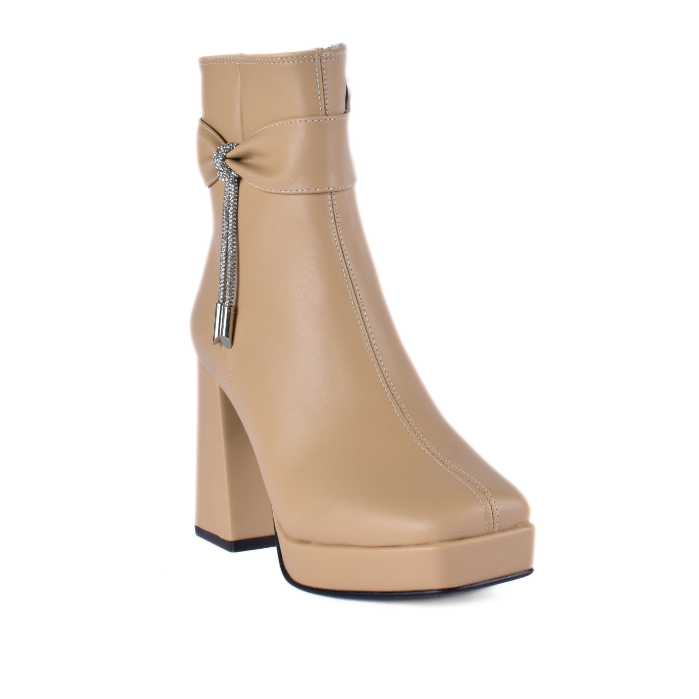 Simple Flat Leather Ankle Boot With Buckle Beige Melouk