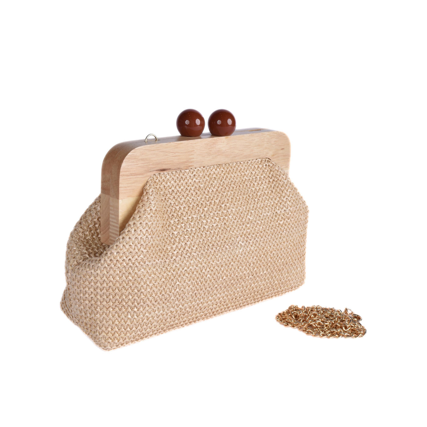 Woven Clutch With Wooden Frame and Ball Clasp Beige Melouk