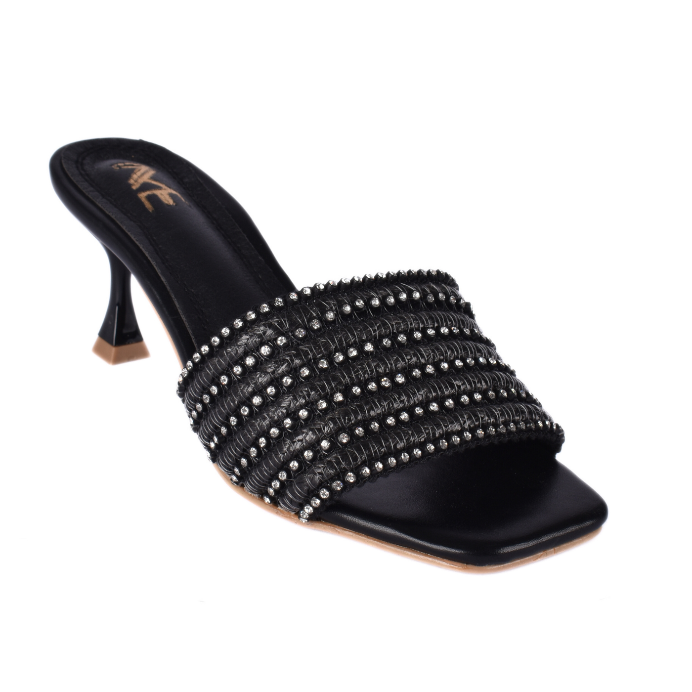 Studded Oval Heeled Mules Black Melouk