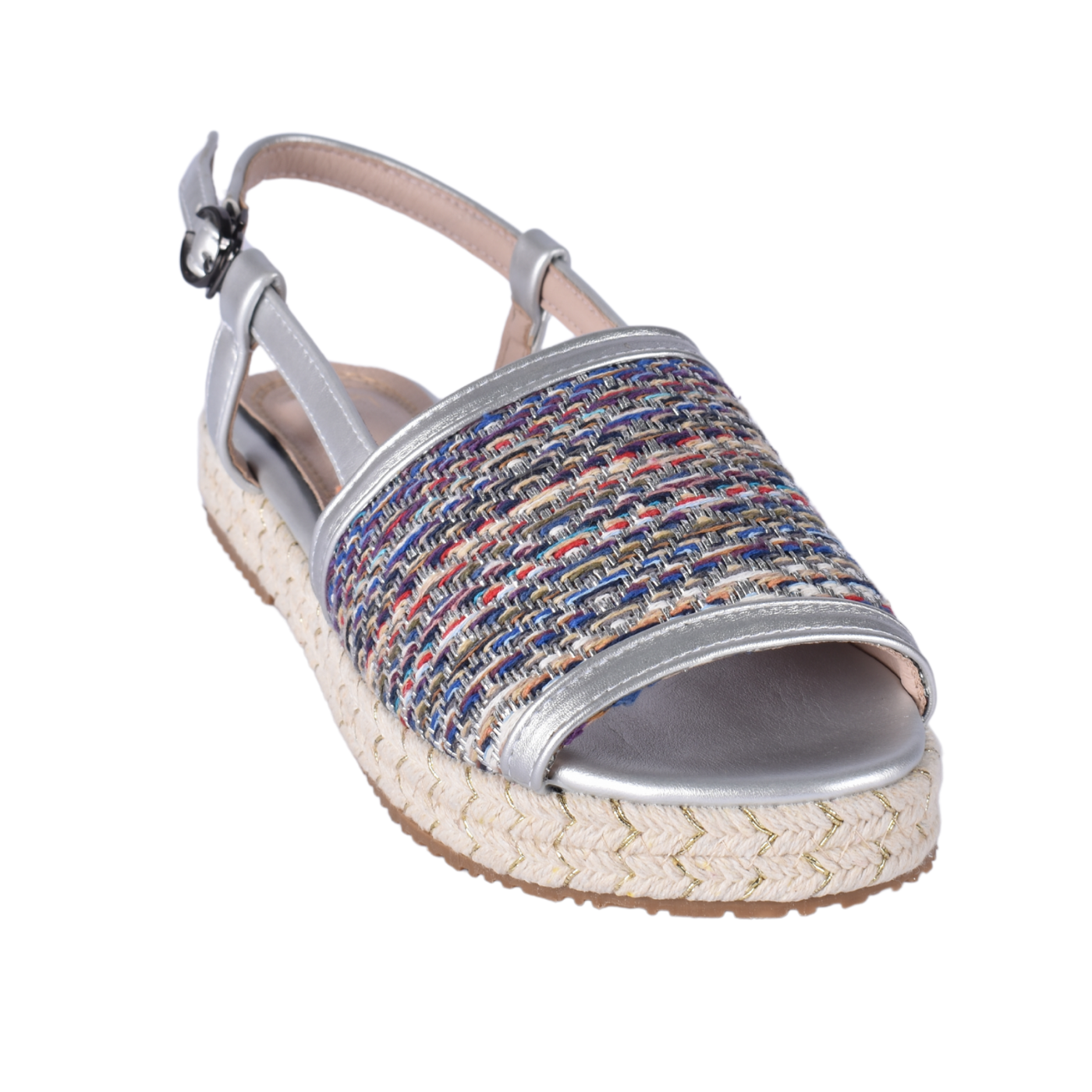Braided, Beaded & Tassled Buckle Closure Wedge Sandals Silver Melouk