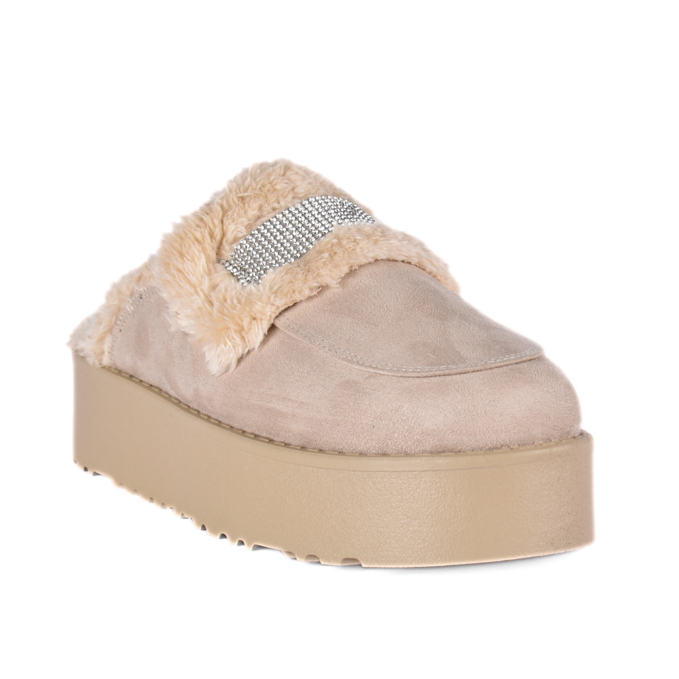 Leather Slip On Fur Loafers Beige Melouk
