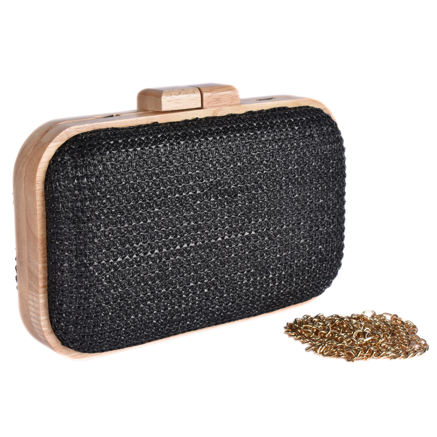 Woven Clutch With Wooden Frame and Gold Chain Melouk
