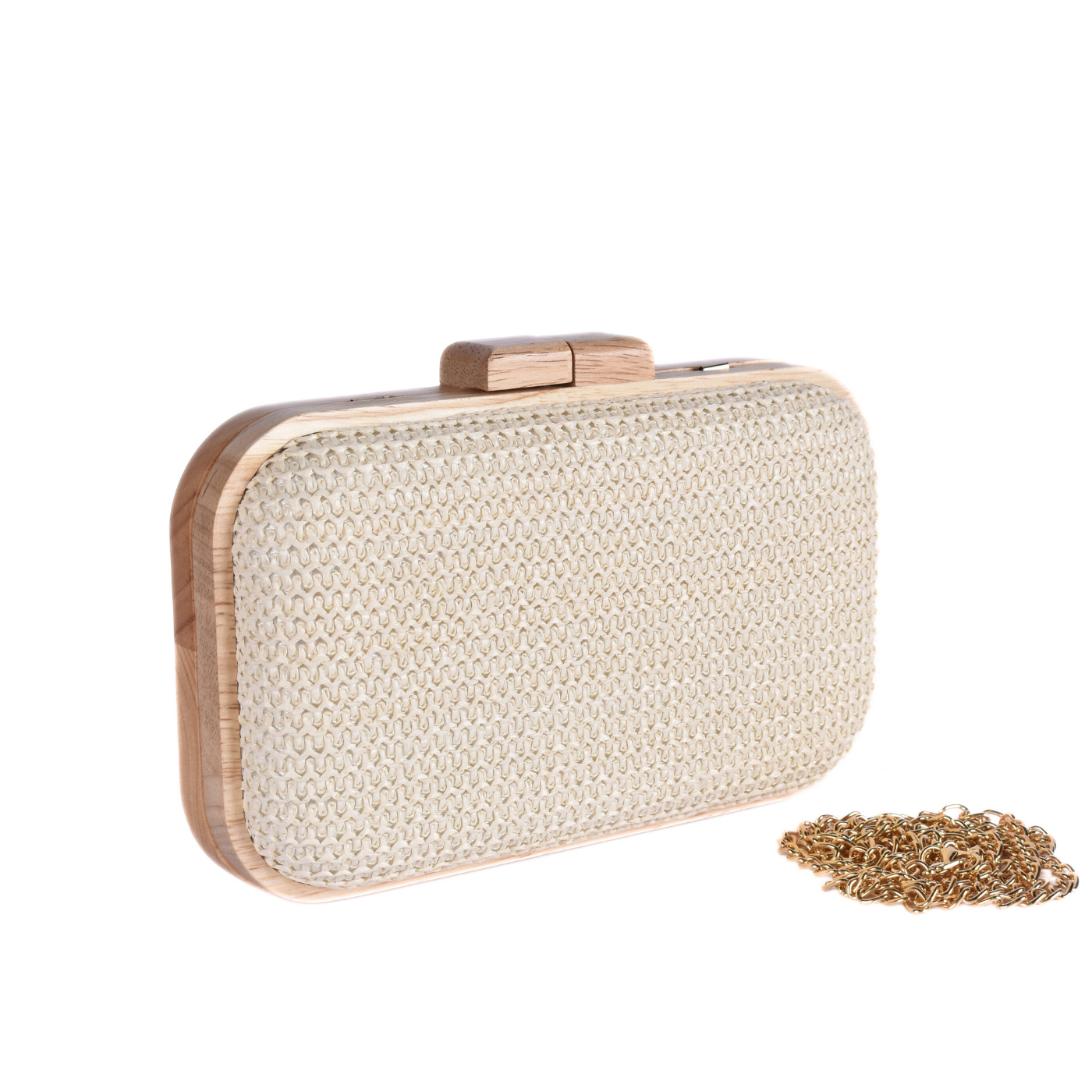 Woven Clutch With Wooden Frame and Gold Chain Melouk