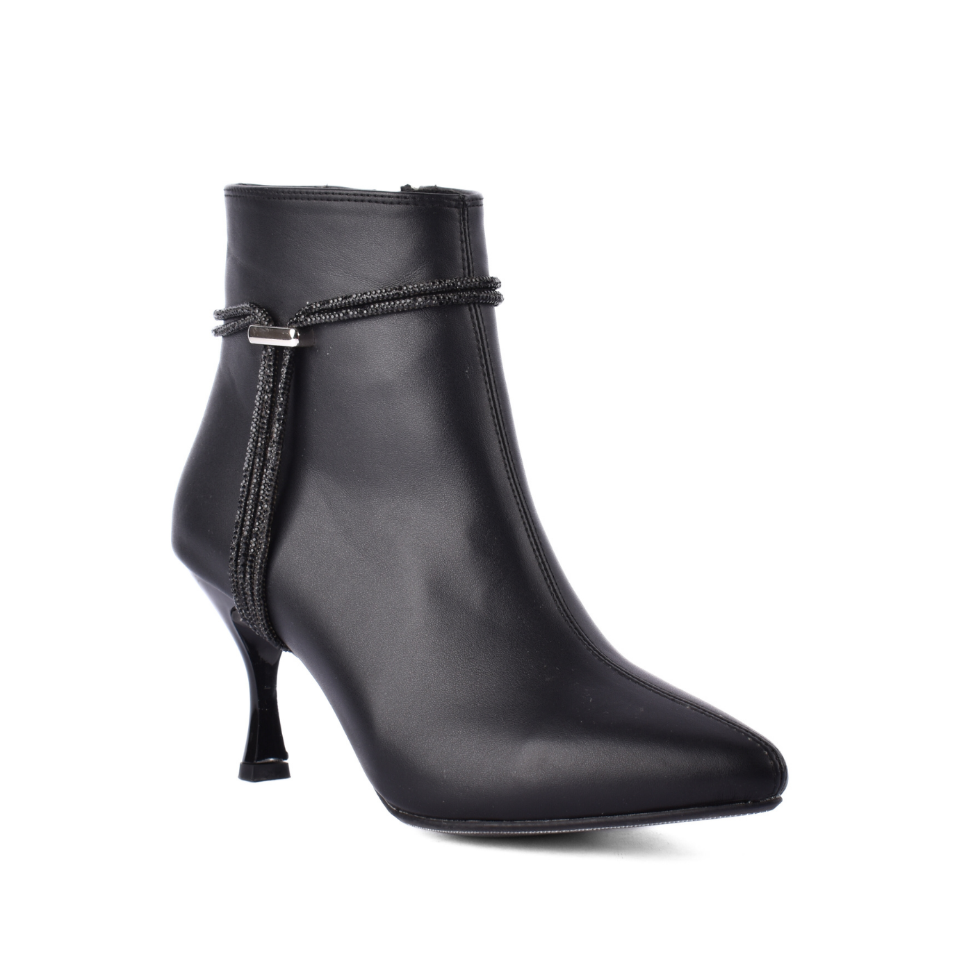 Pointed Heel Leather Ankle Boots With Details Black Melouk