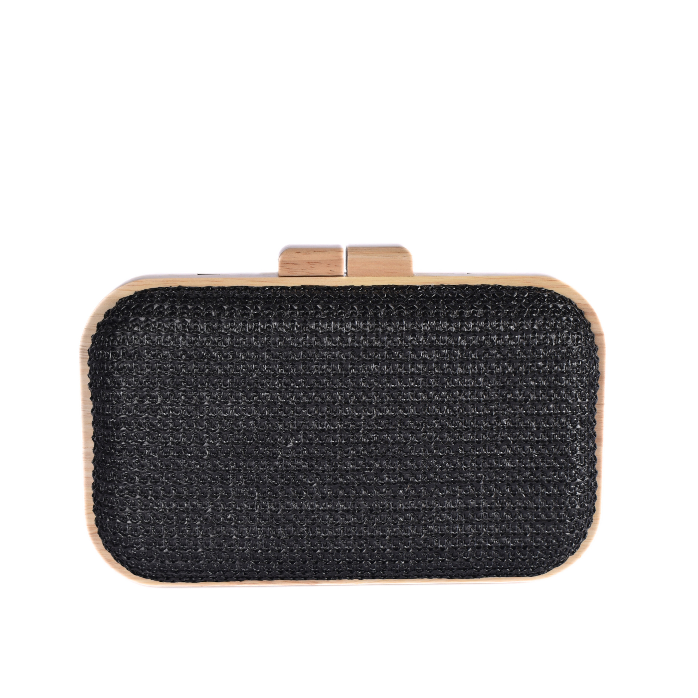 Woven Clutch With Wooden Frame and Gold Chain Black Melouk