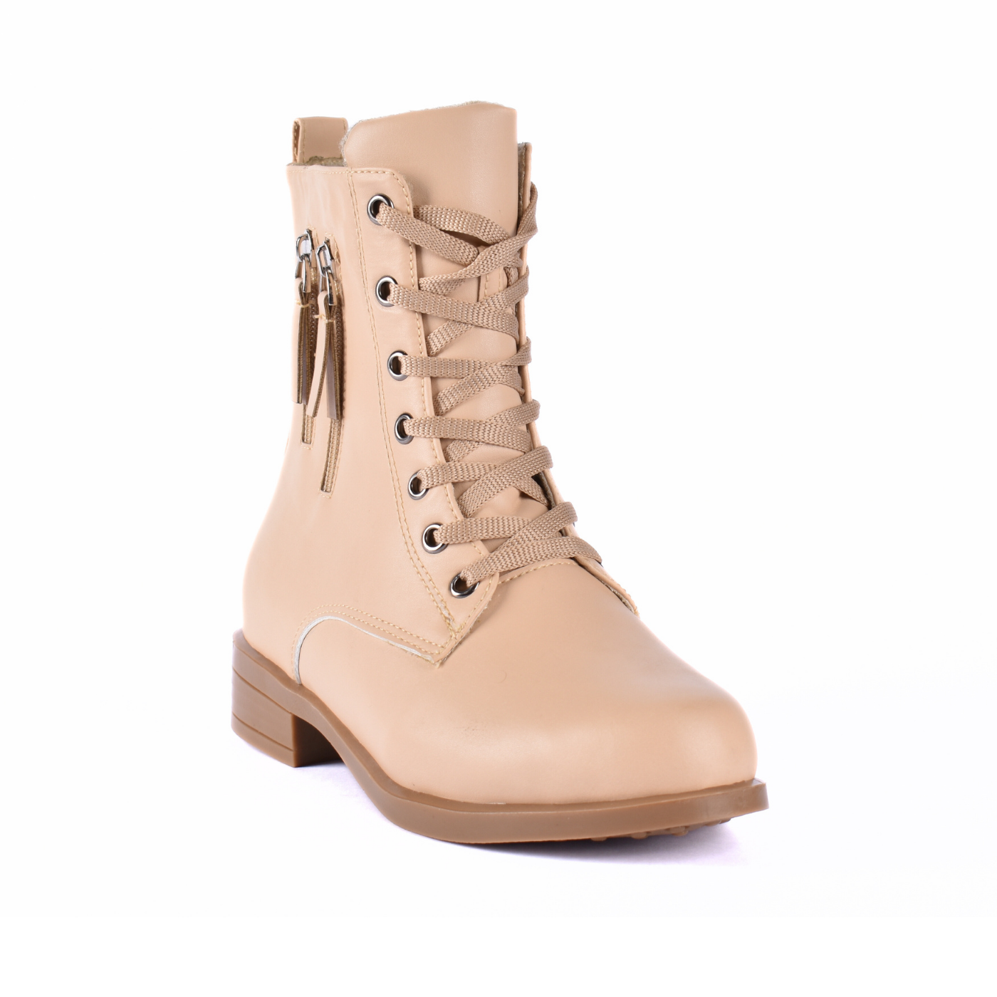 Flat Lace Up Leather Ankle Boots Beige Melouk