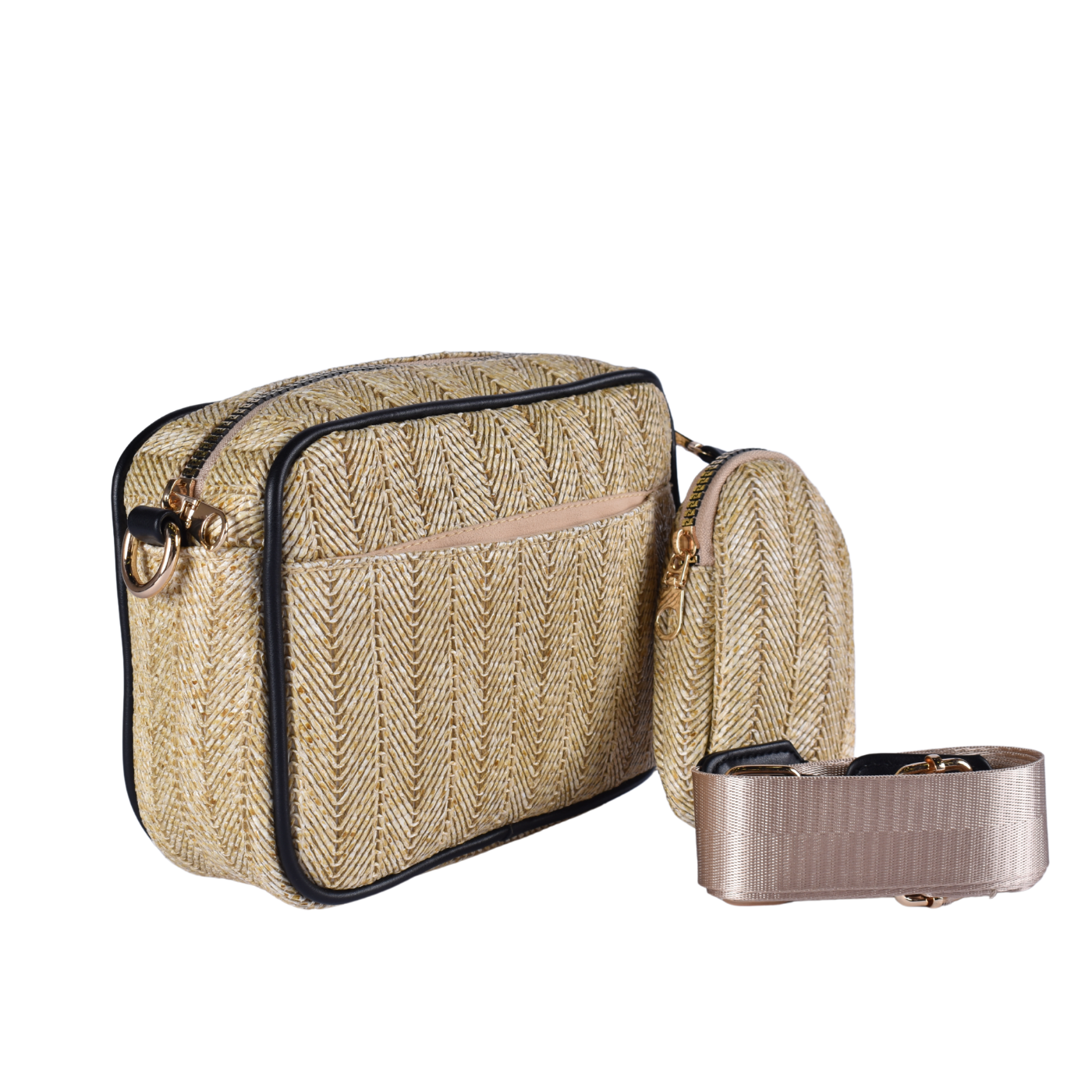 Straw Cross Body Bag With Pu Leather Details Black Melouk