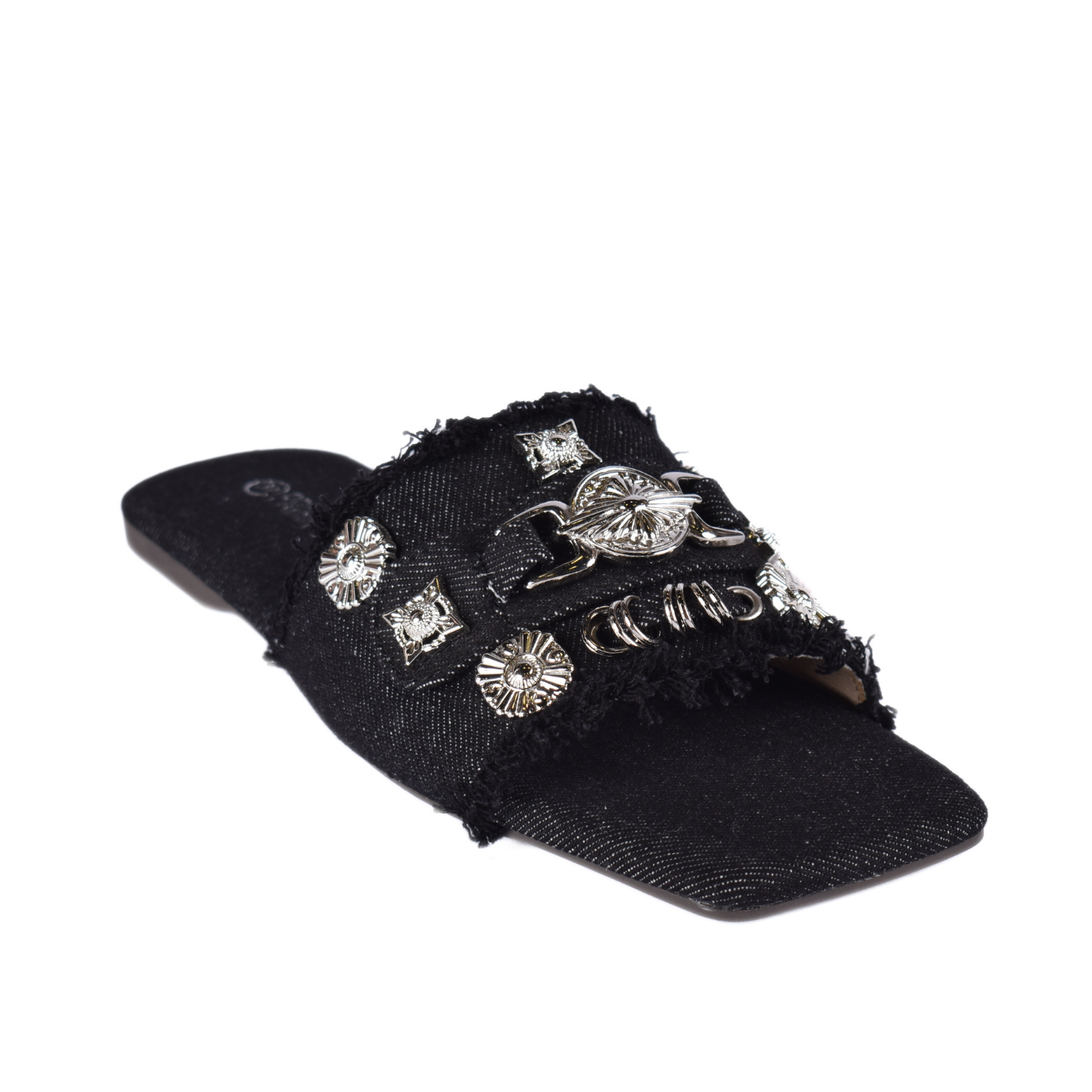Squared Toepost Slip On Studded Light Vintage Denim Slippers Black Melouk