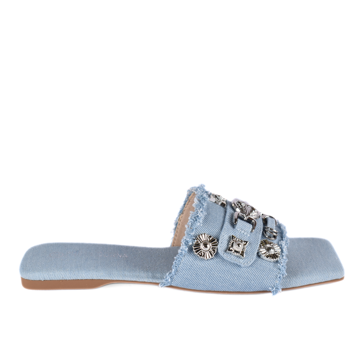 Squared Toepost Slip On Studded Light Vintage Denim Slippers Melouk