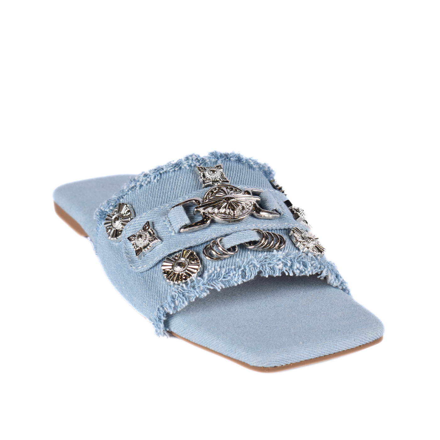Squared Toepost Slip On Studded Light Vintage Denim Slippers Blue Melouk