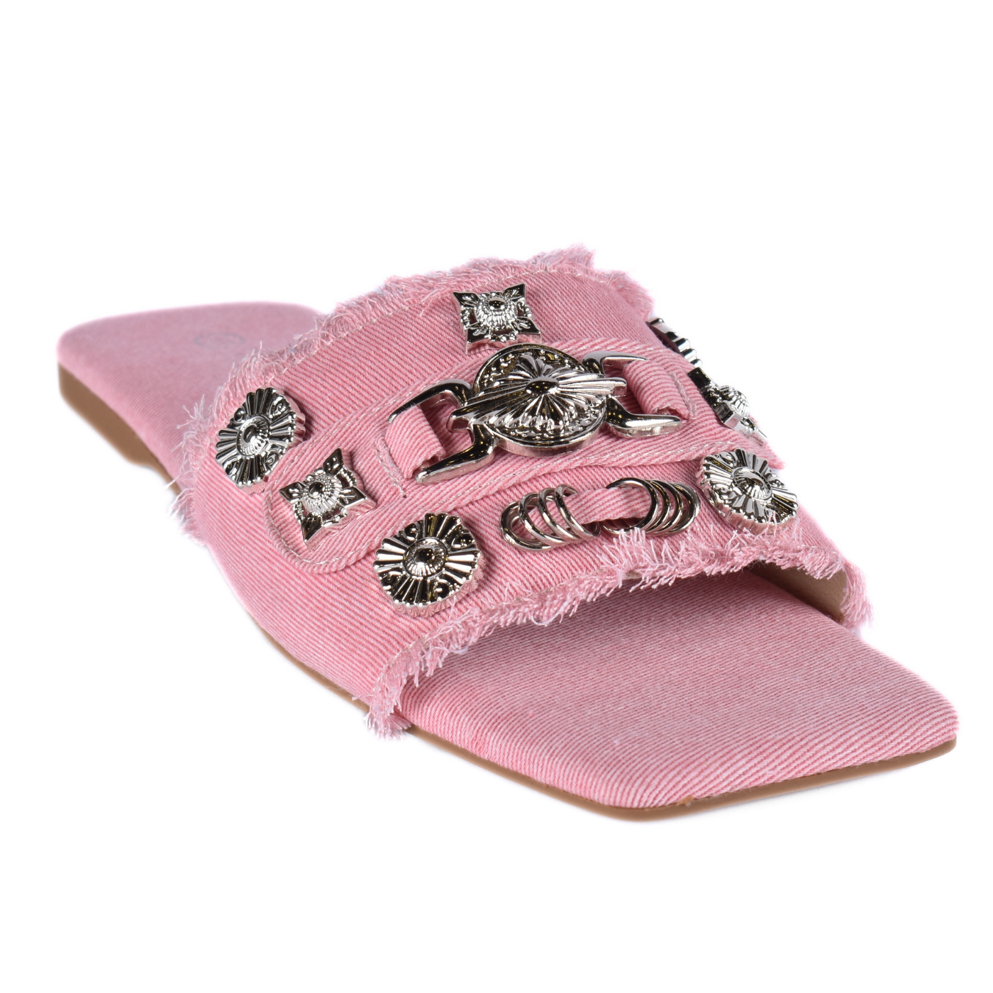 Squared Toepost Slip On Studded Light Vintage Denim Slippers Pink Melouk