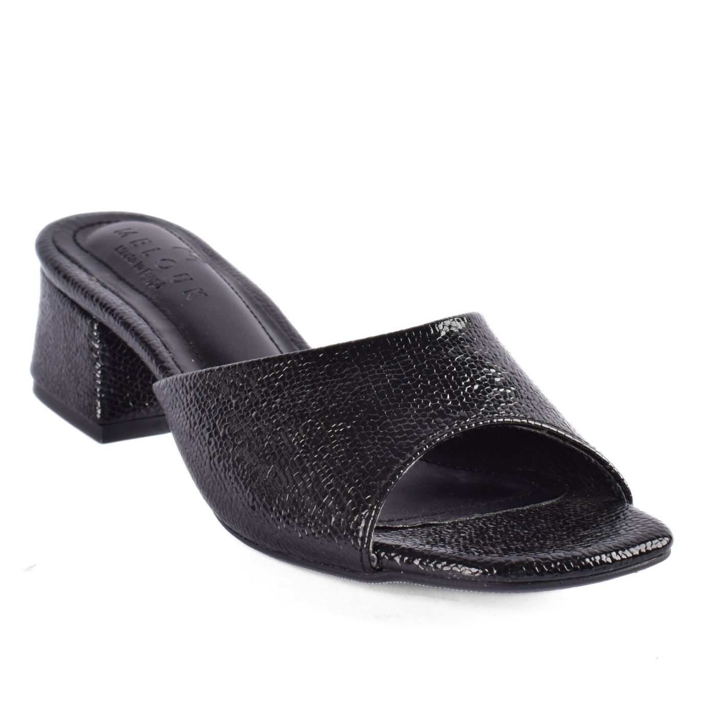 Textured Open-Toe Block Heel Slide Black Melouk