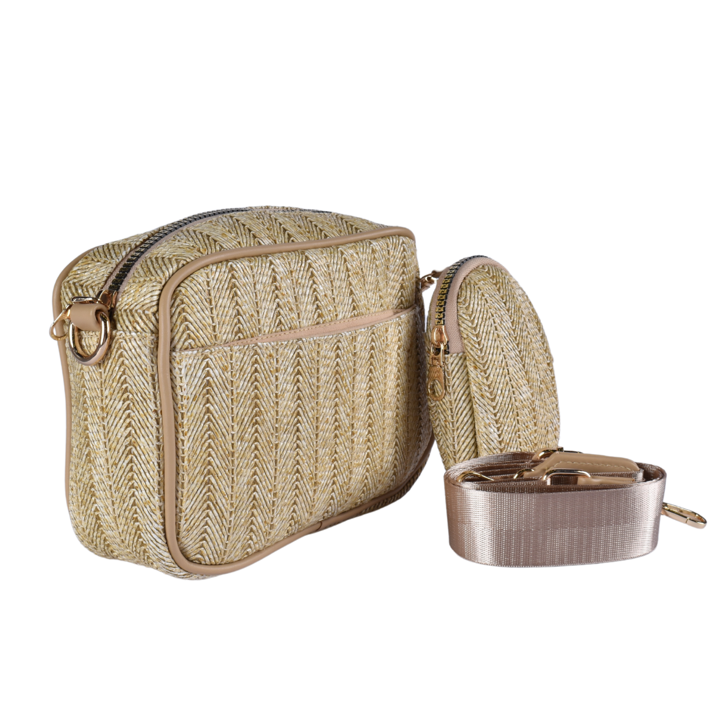 Straw Cross Body Bag With Pu Leather Details Coffee Melouk