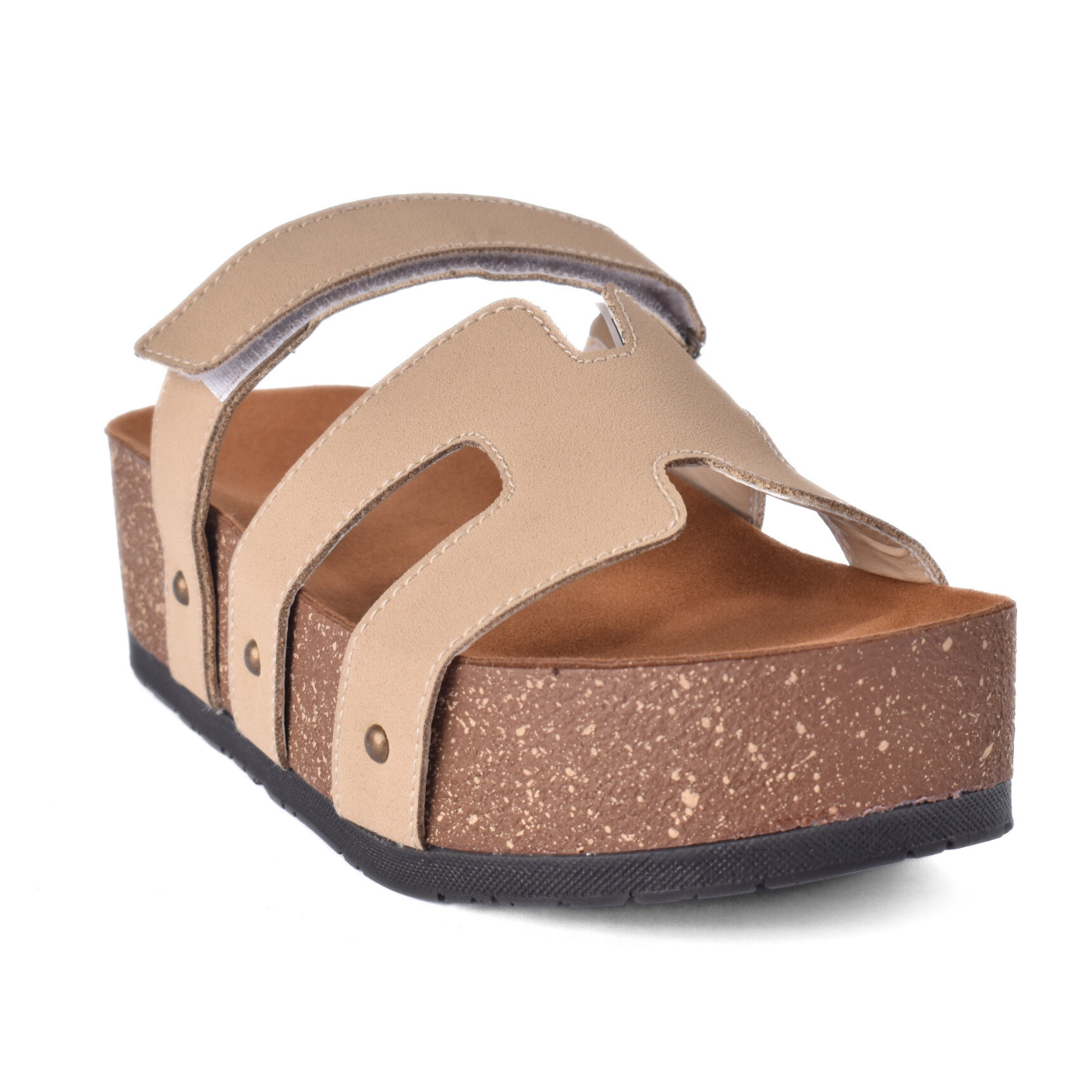 Comfort Cork Sole Triple Strap Slippers Beige Melouk