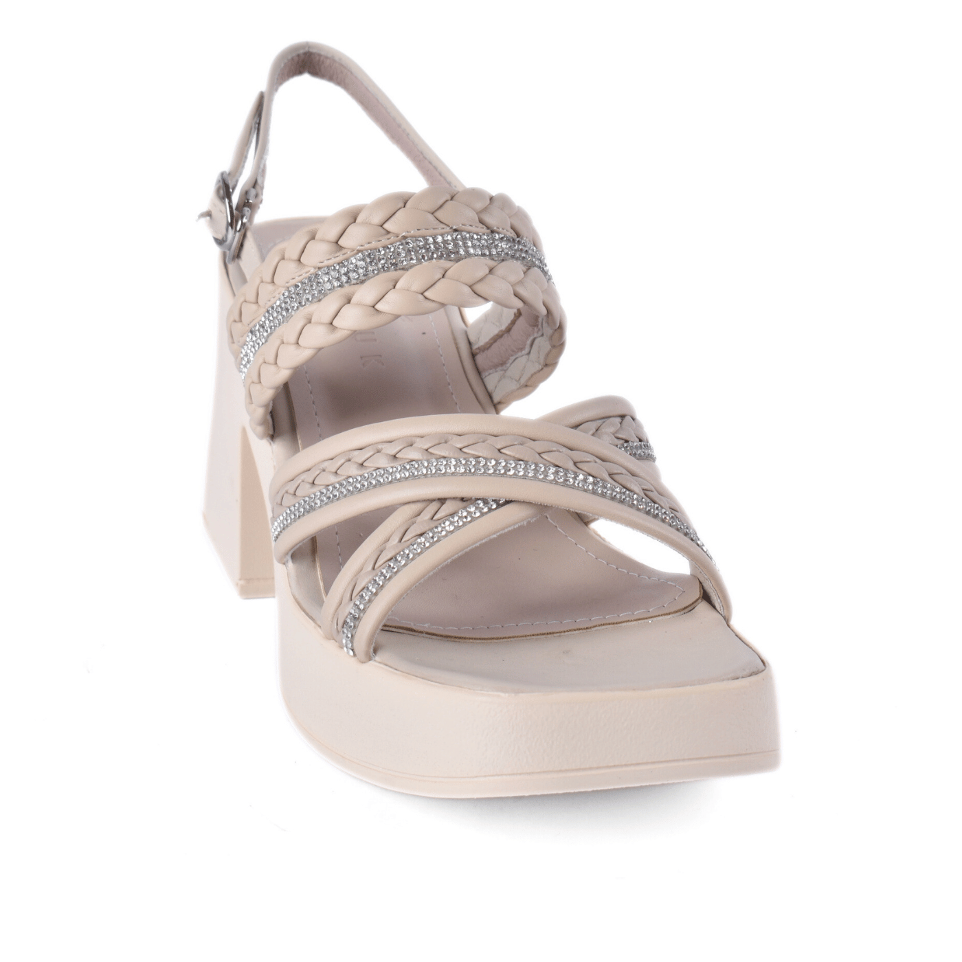 Braided Block Heel Sandals with Crystal Straps Beige Melouk